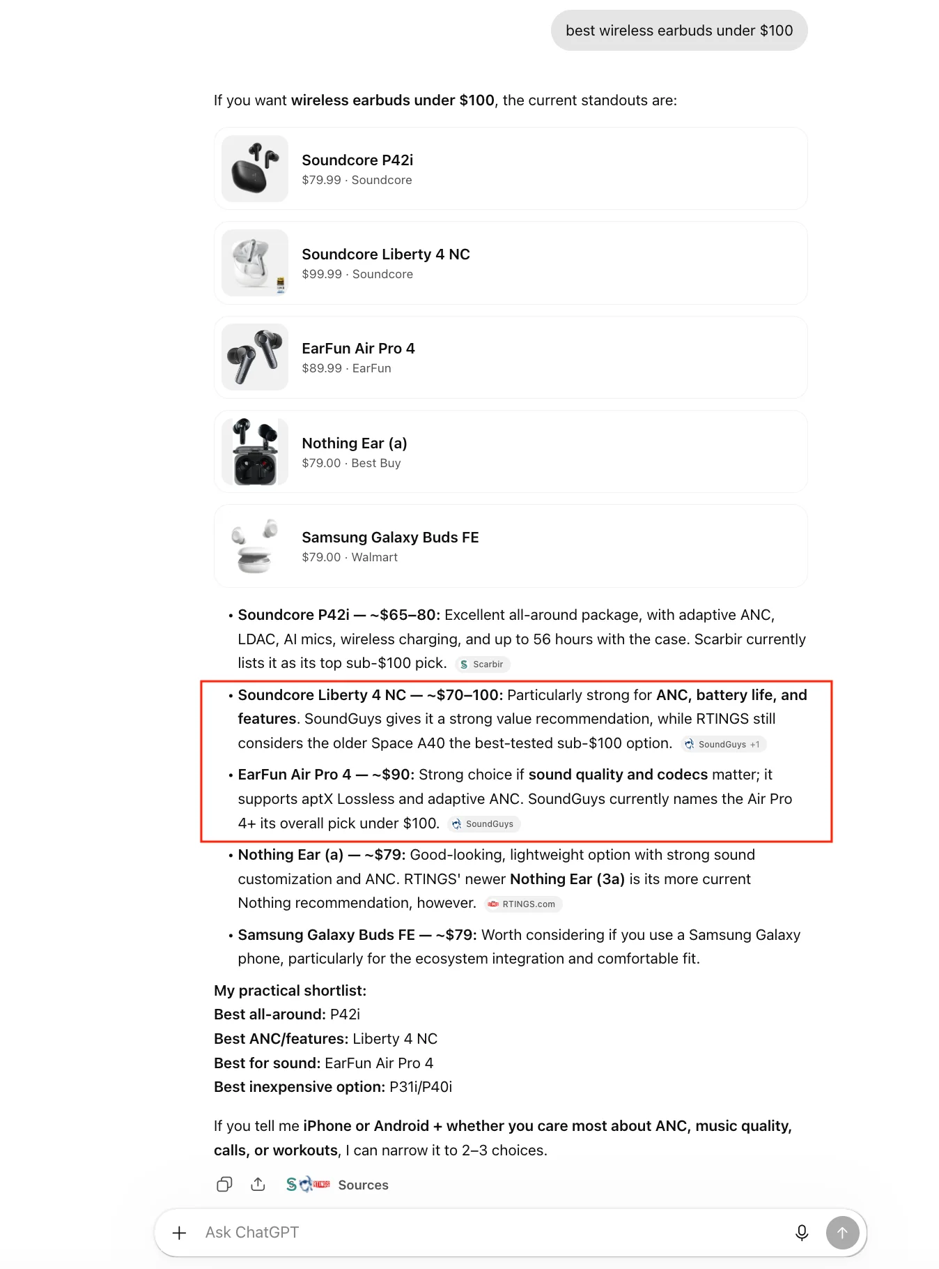 ChatGPT answer for best wireless earbuds under 100 dollars citing Scarbir, SoundGuys, and RTINGS instead of brand product pages