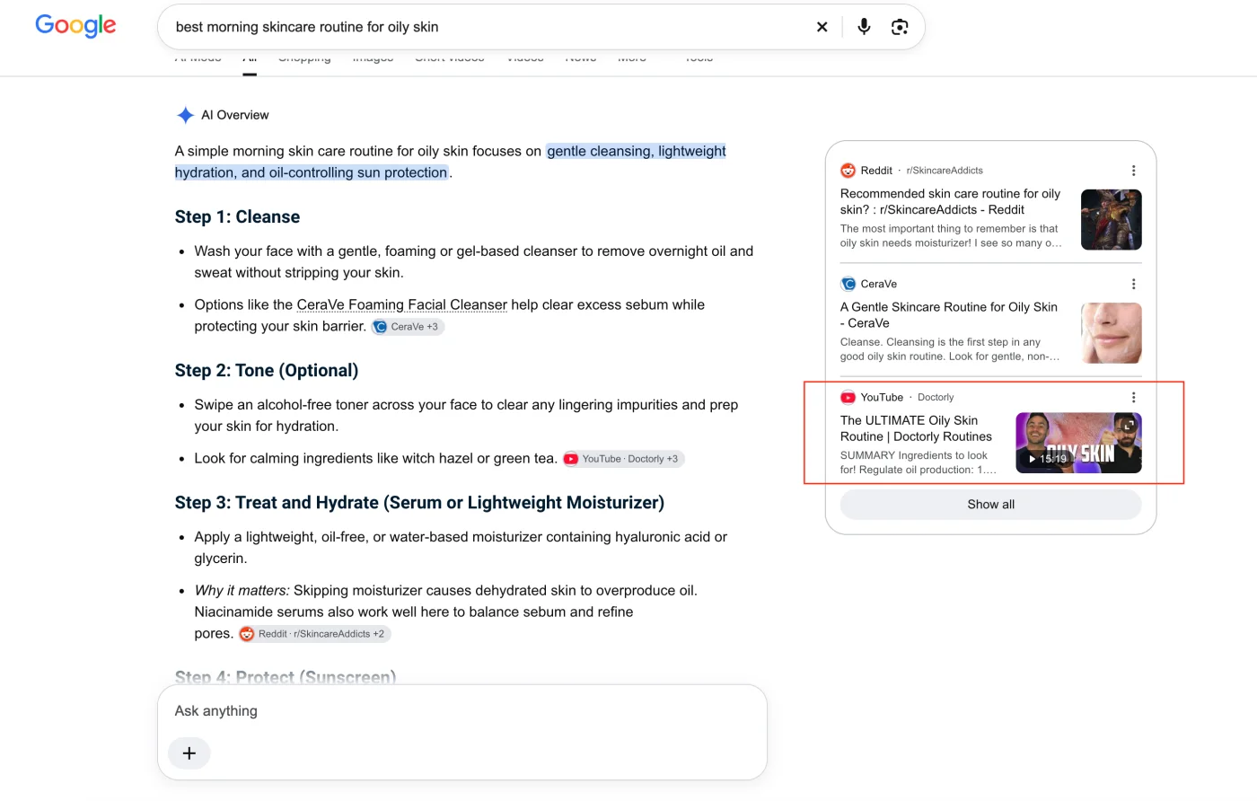 Google AI Overview for best morning skincare routine for oily skin citing YouTube creator Doctorly and Reddit r/SkincareAddicts alongside CeraVe
