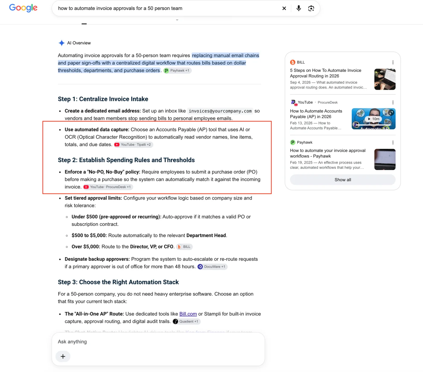 Google AI Overview for how to automate invoice approvals for a 50 person team citing YouTube channels ProcureDesk and Tipalti alongside BILL and Payhawk