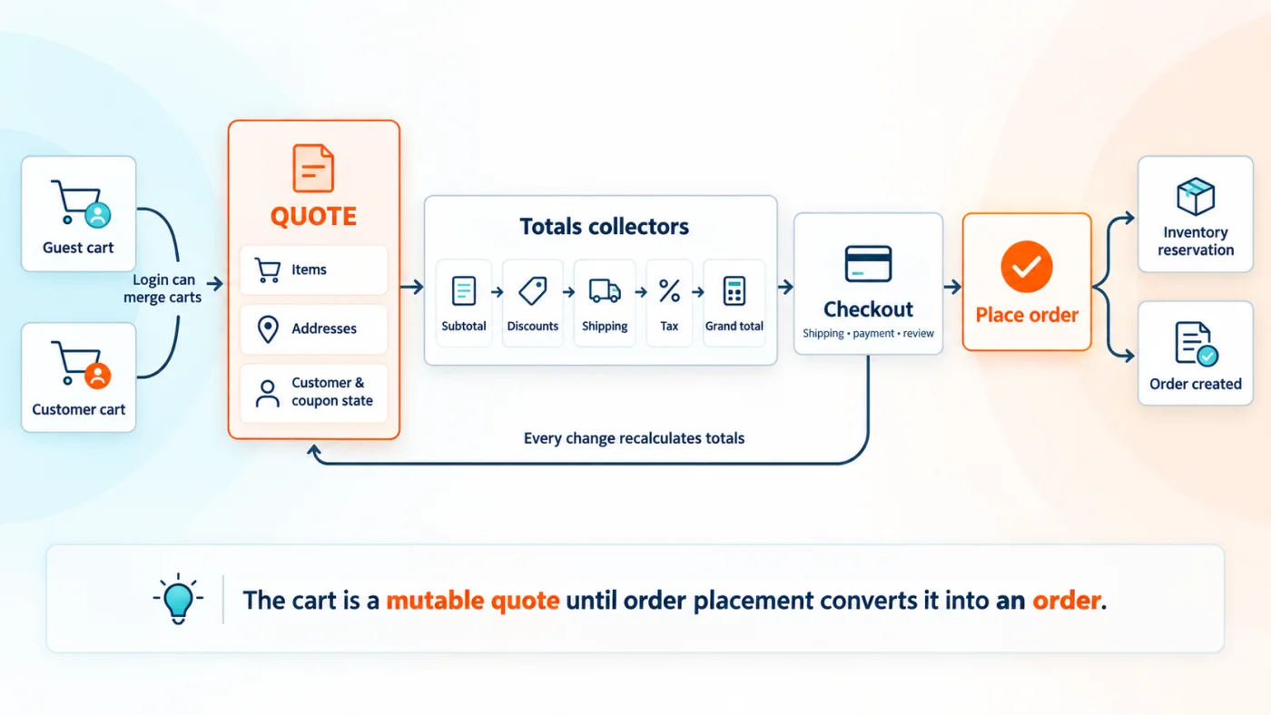 Diagram of the Magento cart lifecycle showing guest and customer carts merging into a quote, the totals collector chain running subtotal through grand total, checkout, and order placement creating an inventory reservation and an order