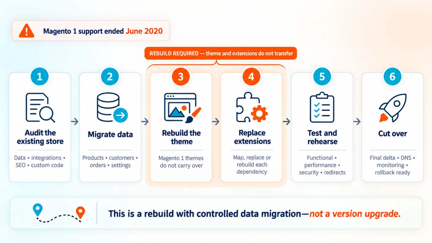 Staged diagram of a Magento 1 to Magento 2 migration covering audit, data migration, theme rebuild, extension replacement, testing and cutover