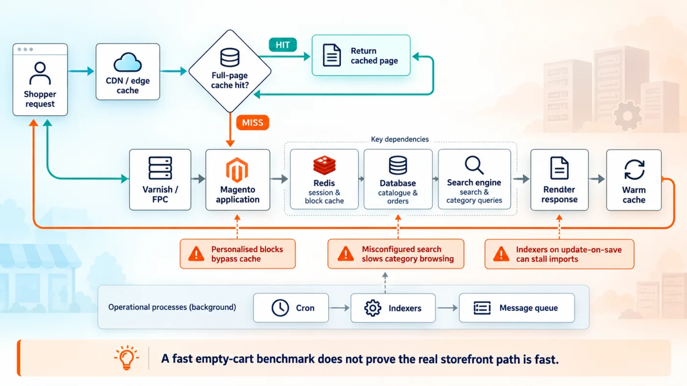 Diagram of a Magento storefront request path from shopper through CDN and full page cache into the application, with its Redis, database and search dependencies, marking where personalised blocks, misconfigured search and indexer settings degrade it
