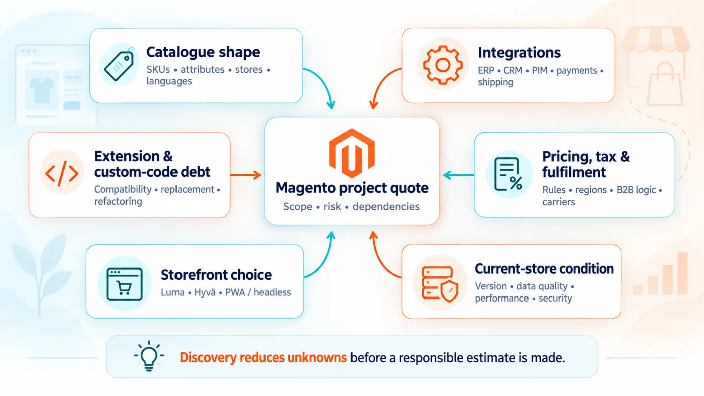 Diagram of the 6 factors that drive a Magento project estimate, covering catalogue shape, integrations, extension and custom code debt, pricing tax and fulfilment logic, storefront choice, and the condition of the current store