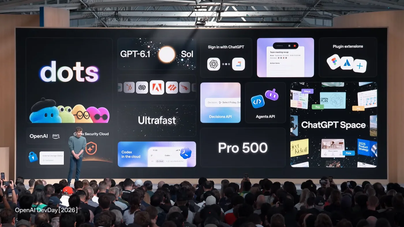 OpenAI DevDay 2026 stage showing Decisions API among the developer platform announcements