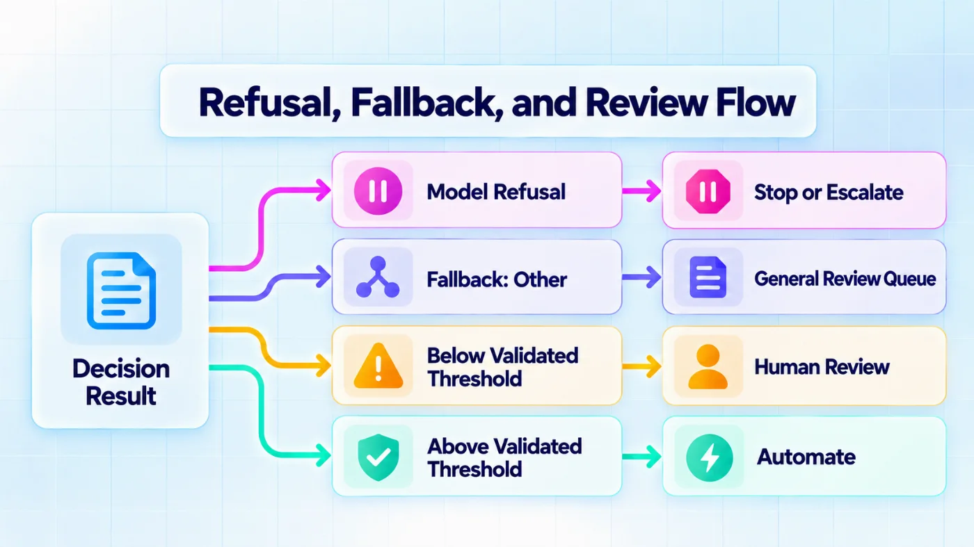 Refusal, fallback, and review flow separating model refusal, application fallback, human review, and automation