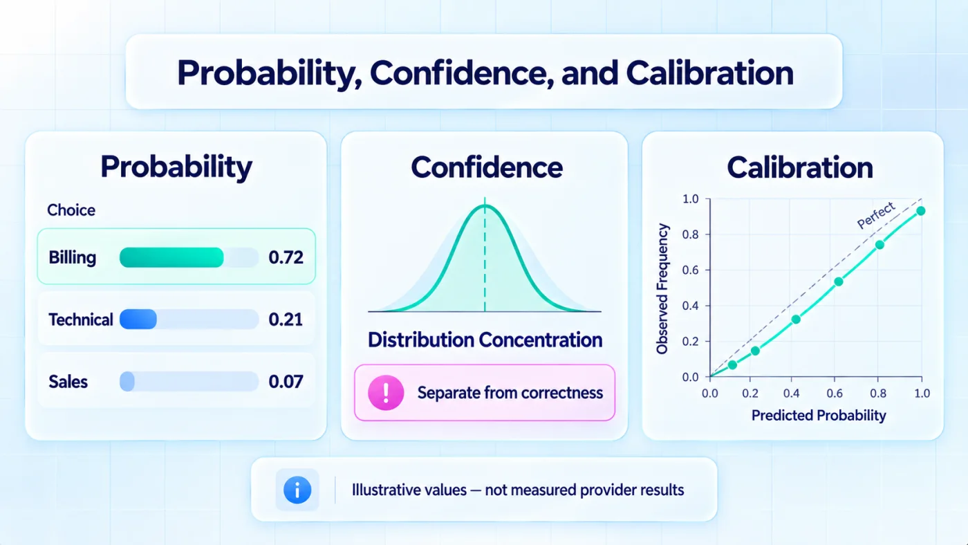 3 panel comparison of answer probability, distribution confidence, and probability calibration