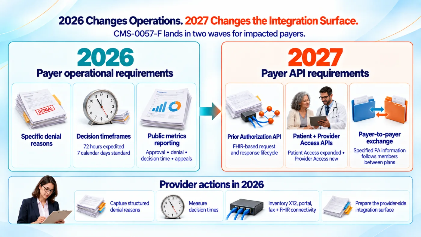CMS-0057-F timeline separating 2026 payer operational requirements, 2027 payer API requirements, and provider preparation actions.