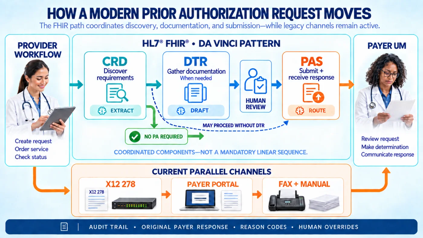 Prior authorization architecture showing the HL7 Da Vinci CRD, DTR, and PAS pattern with no authorization and DTR bypass branches, human review, parallel X12 278, portal, and manual channels, and a shared audit trail.