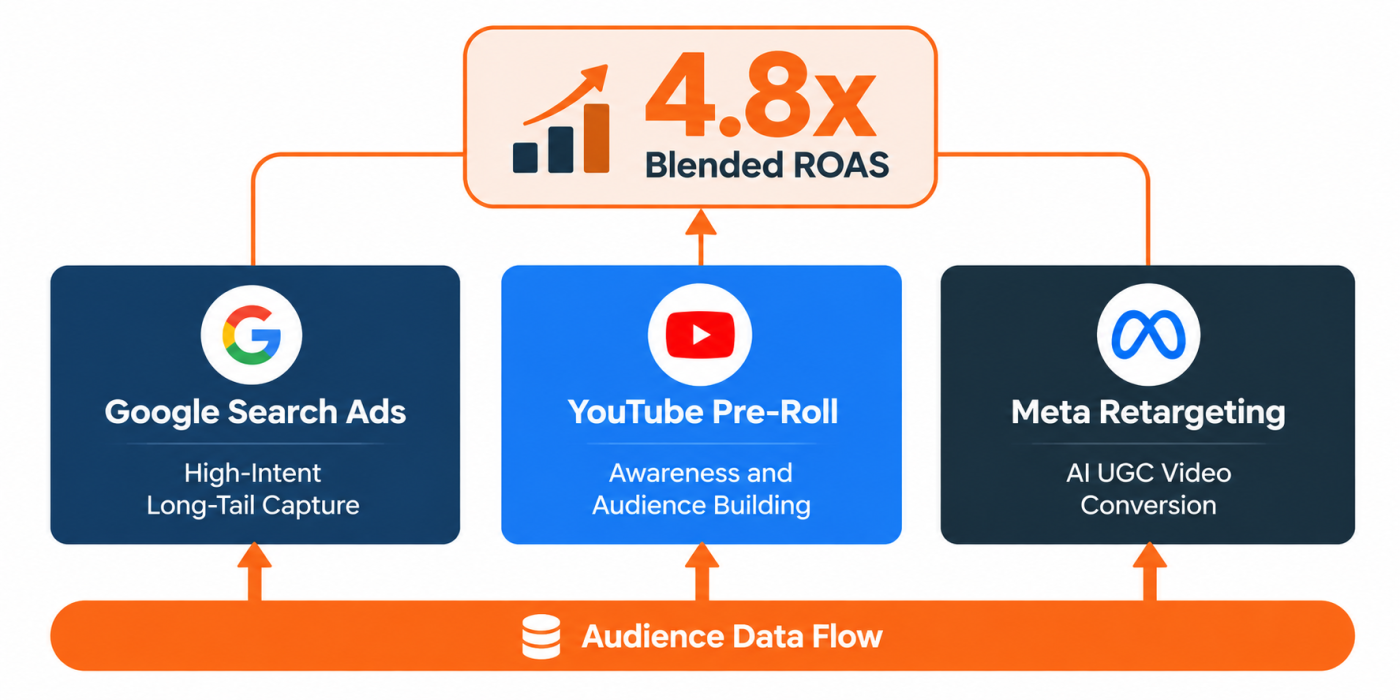 Three channel campaign architecture treating Google, YouTube and Meta as one pipeline