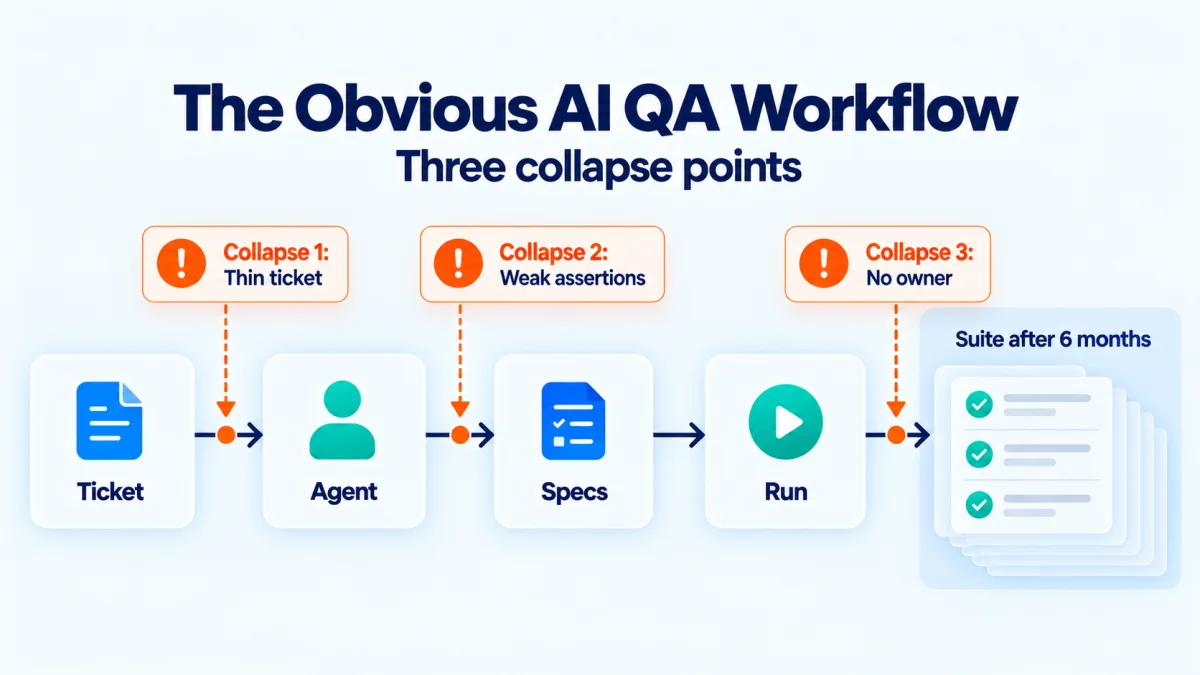 A left to right workflow labeled Ticket, Agent, Specs, Run, ending in a suite after 6 months. Three orange collapse markers sit over the weak points: thin ticket, weak assertions, and no owner.
