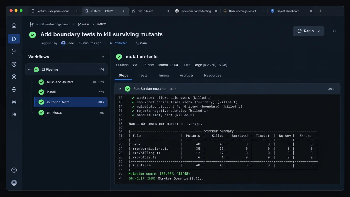 A realistic dark CI pipeline screen with the mutation-tests job selected. The terminal panel shows a Stryker mutation test run, killed mutants, a mutation score table, and a final 100 percent score.