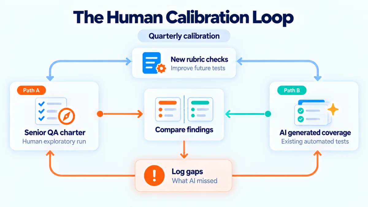 A quarterly calibration loop with 2 paths. Path A shows a senior QA charter created by a human exploratory run. Path B shows AI generated coverage from existing automated tests.