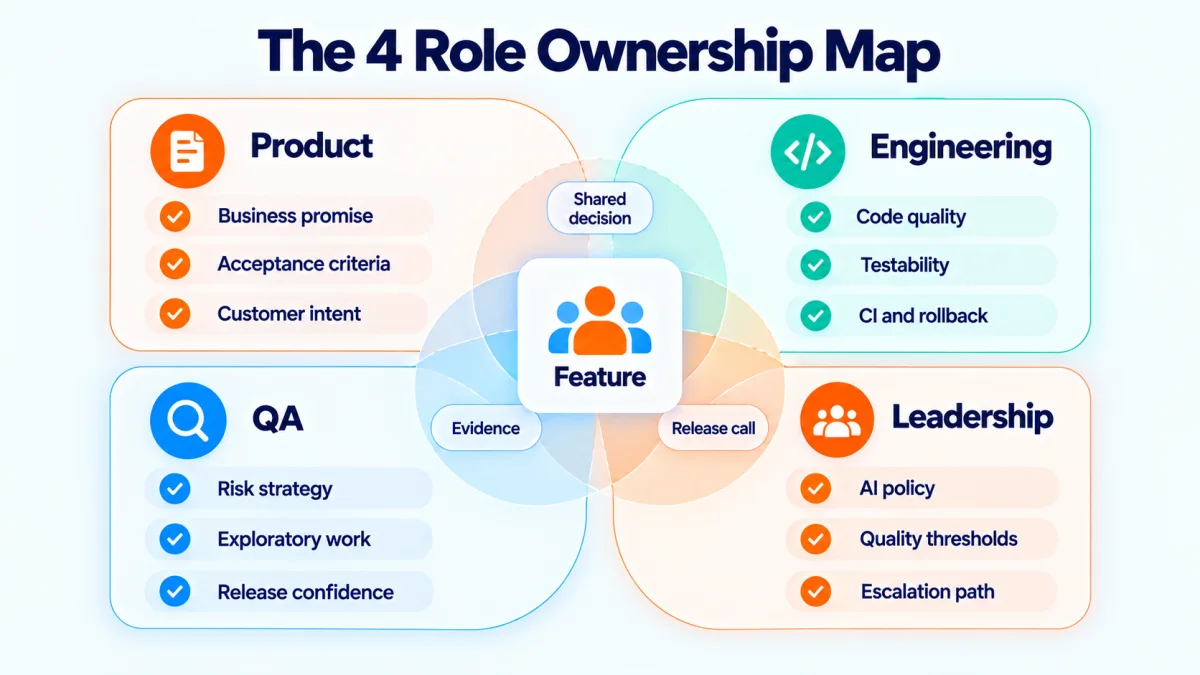 Four role panels surround a central feature node. Product owns business promise, acceptance criteria, and customer intent. Engineering owns code quality, testability, and CI and rollback.