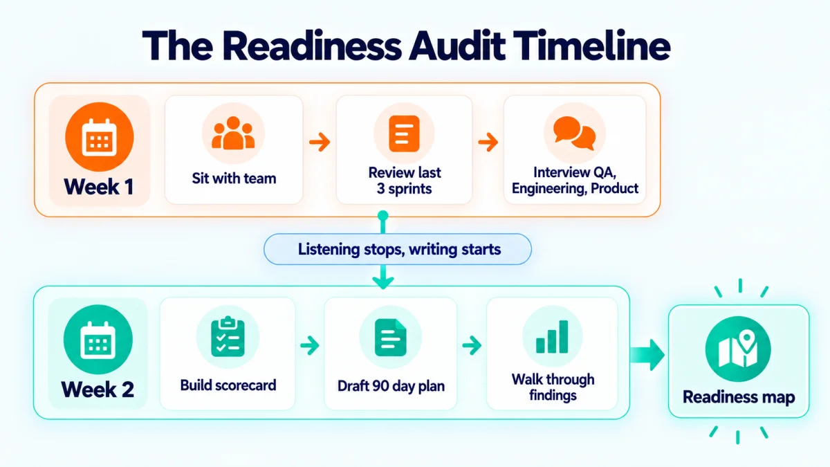 A 2 week readiness audit timeline. Week 1 shows sit with team, review last 3 sprints, and interview QA, Engineering, and Product. A middle band marks the shift from listening to writing.