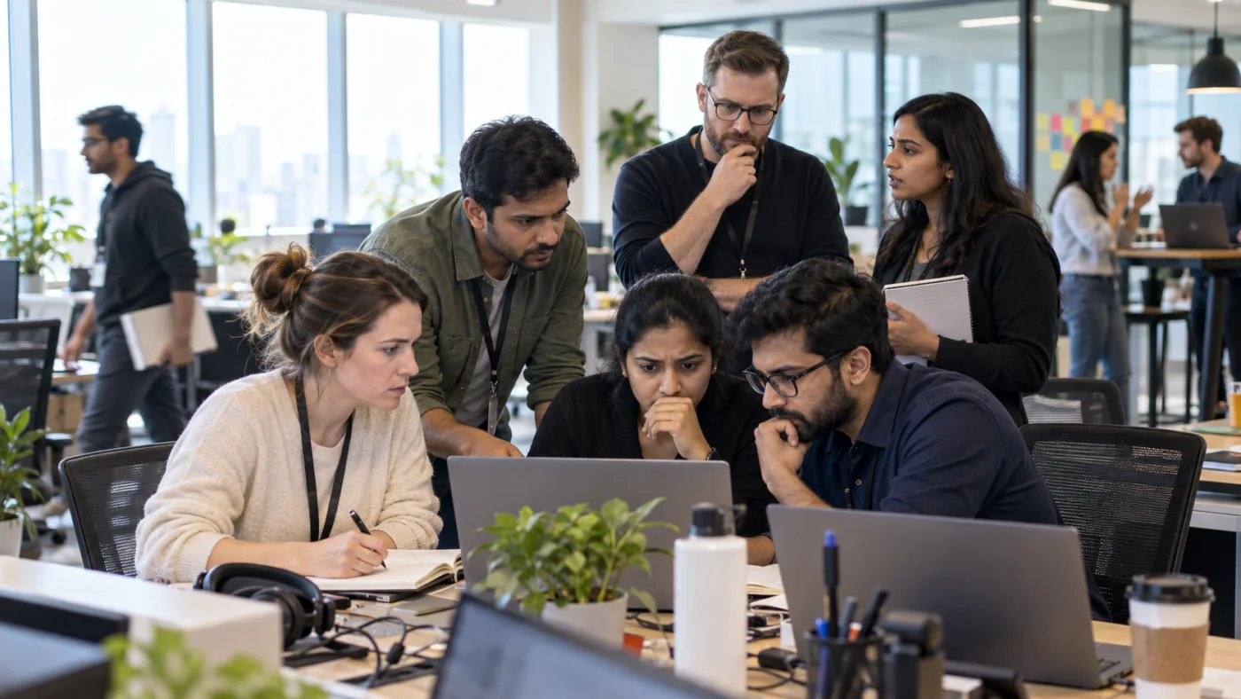 Mixed North Indian and North American delivery team coordinating under QA pressure in a daylight office