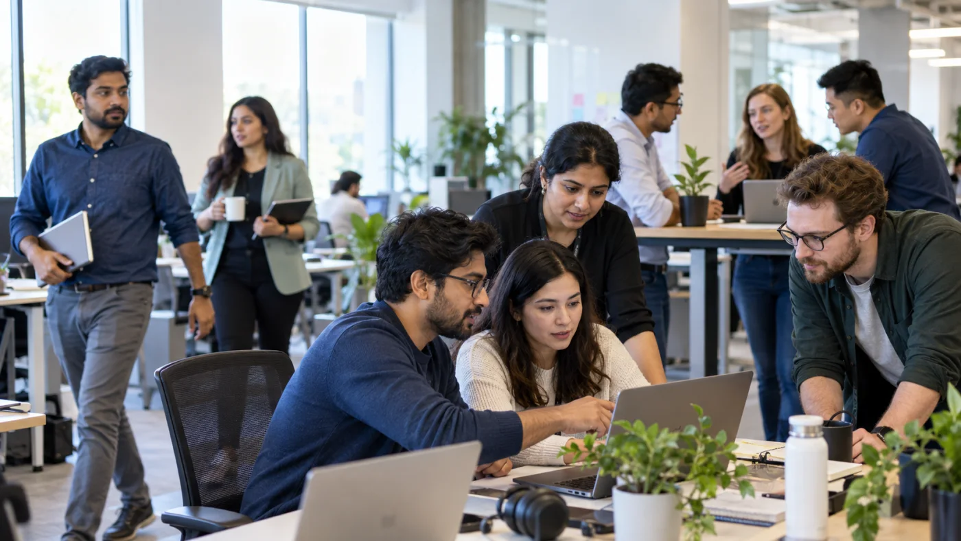Mixed North Indian and North American delivery team coordinating in a daylight office