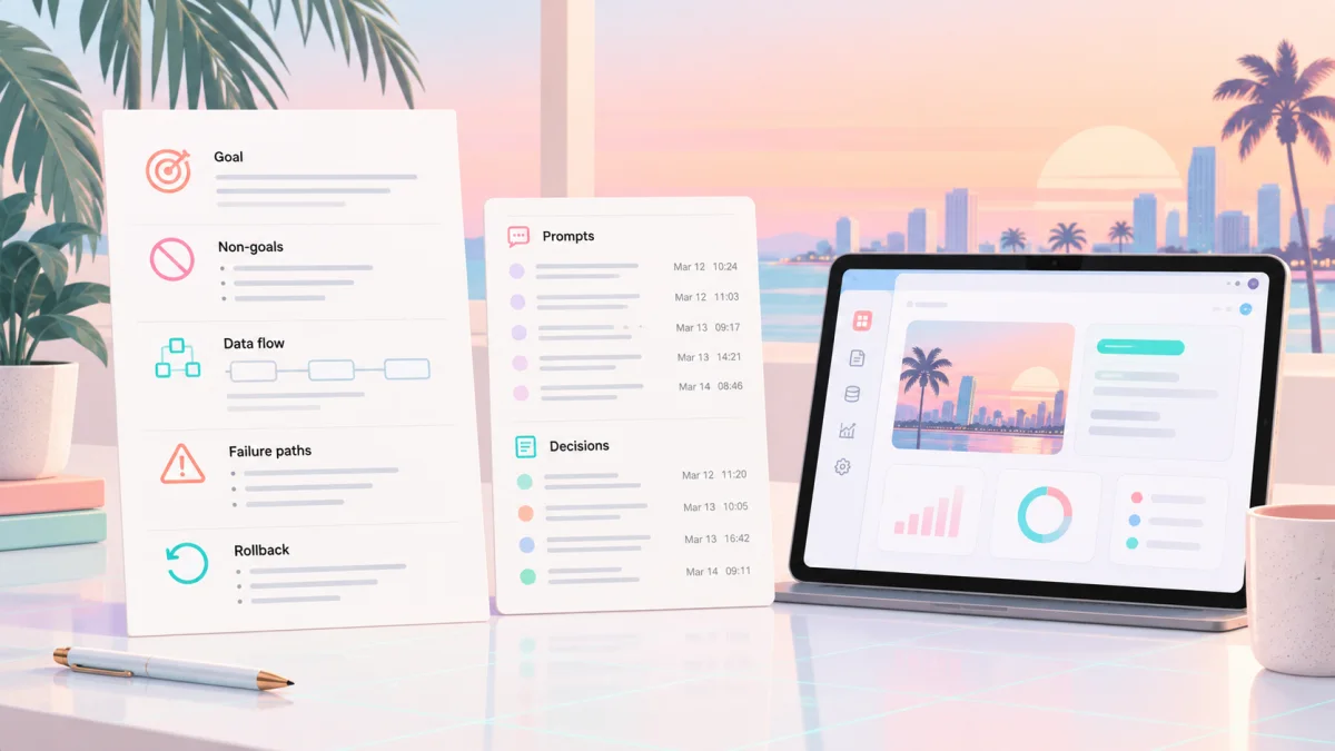 Three pastel document cards showing a one page plan, a prompt and decisions log, and an app mockup on a white surface.