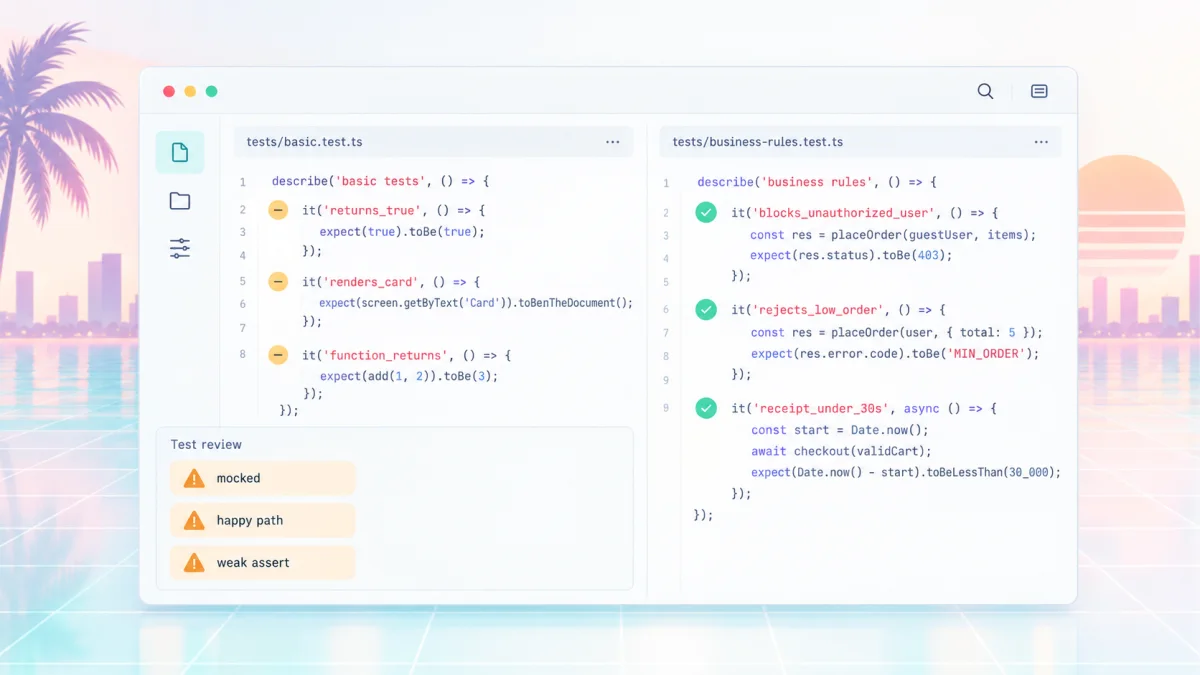 Test file split into two columns, weak function tests on the left in neutral badges, meaningful business tests on the right with green pastel checks.