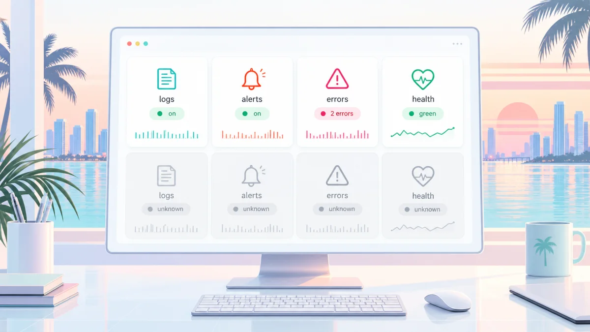 Dashboard mockup with four status tiles for logs, alerts, errors, and health, shown live above and greyed out below.