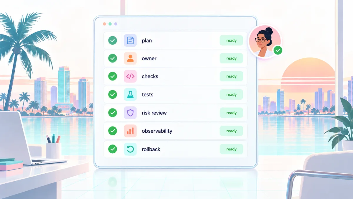 Minimal audit checklist board with seven items covering plan, ownership, automated checks, tests, high risk review, observability, and rollback.