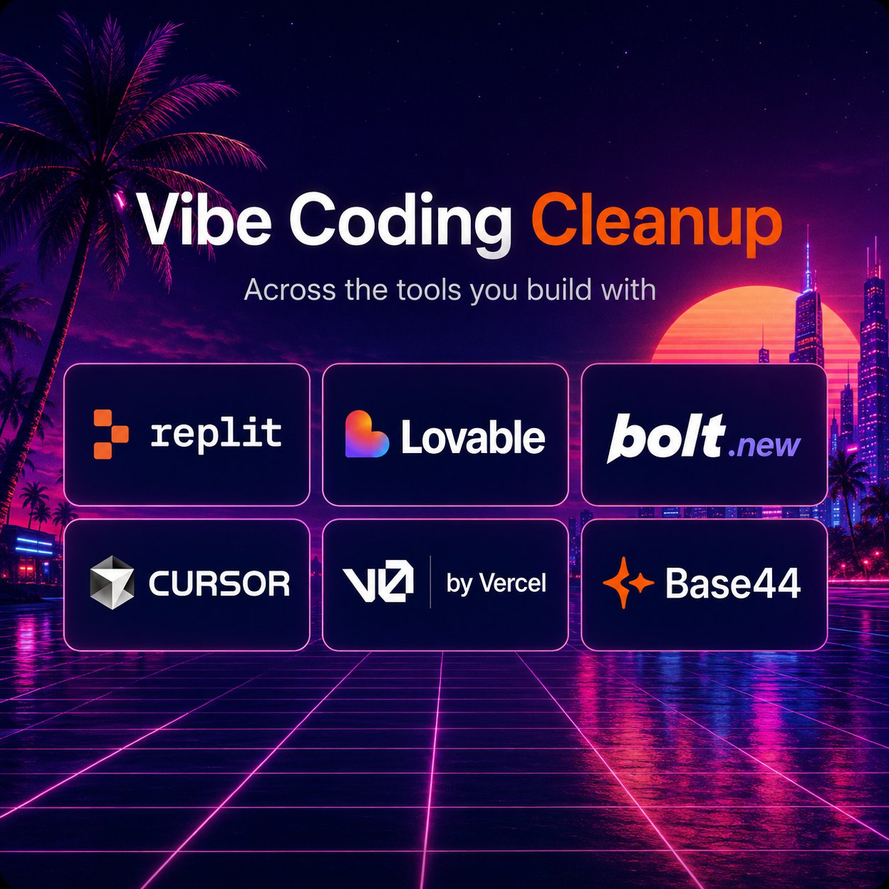 Vibe Coding Cleanup across Replit, Lovable, Bolt, Cursor, v0 and Base44