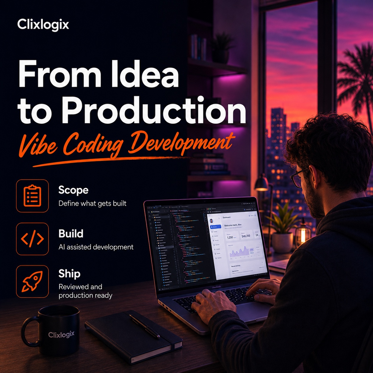 From idea to production with Clixlogix vibe coding development: scope, build, ship