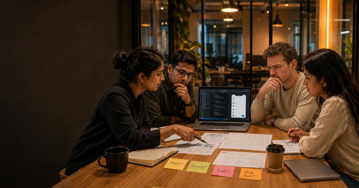 Clixlogix engineers scoping a vibe coding build with a client in office