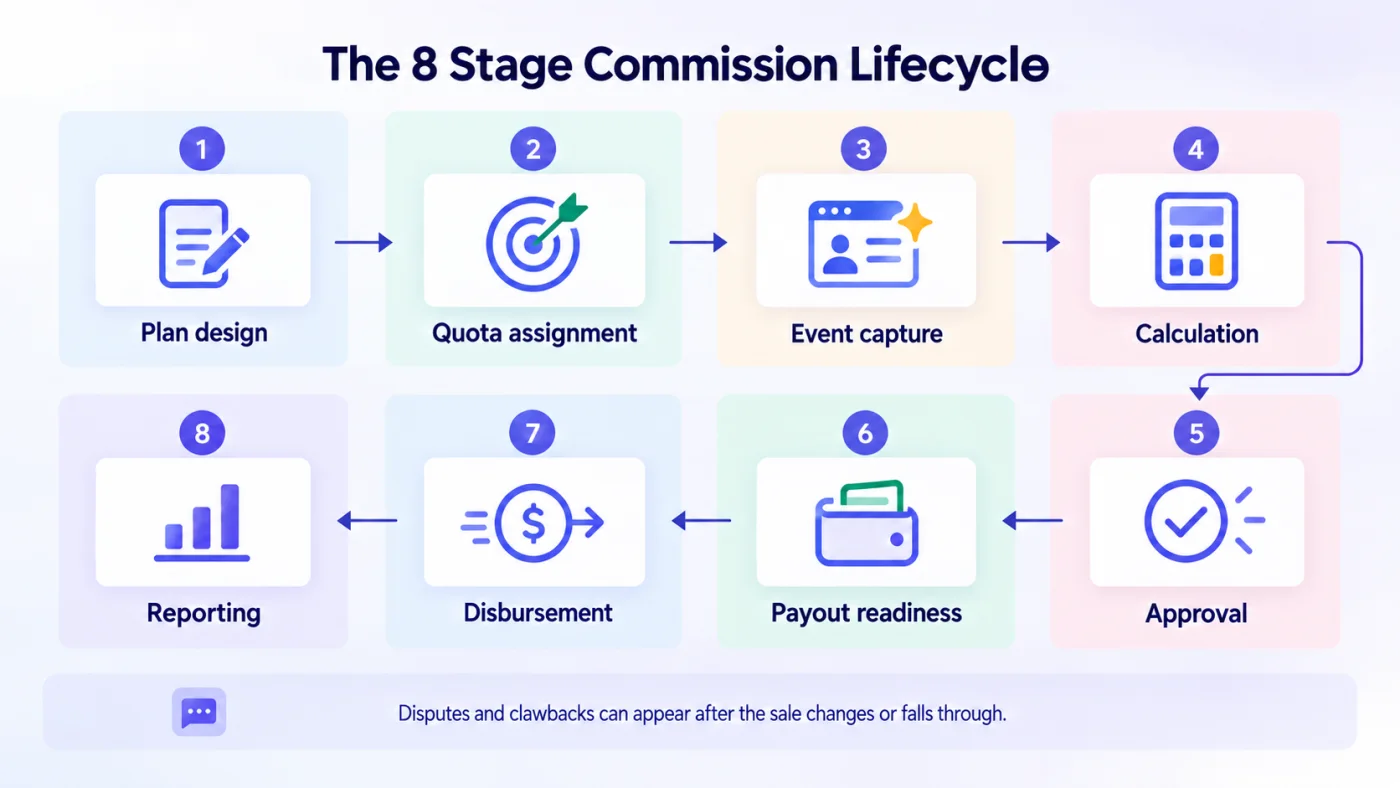 The eight stage commission lifecycle from plan design to reporting