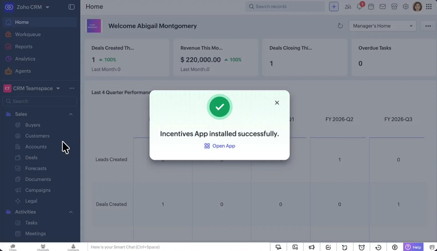 The Incentives app in the Zoho CRM App Space navigation container