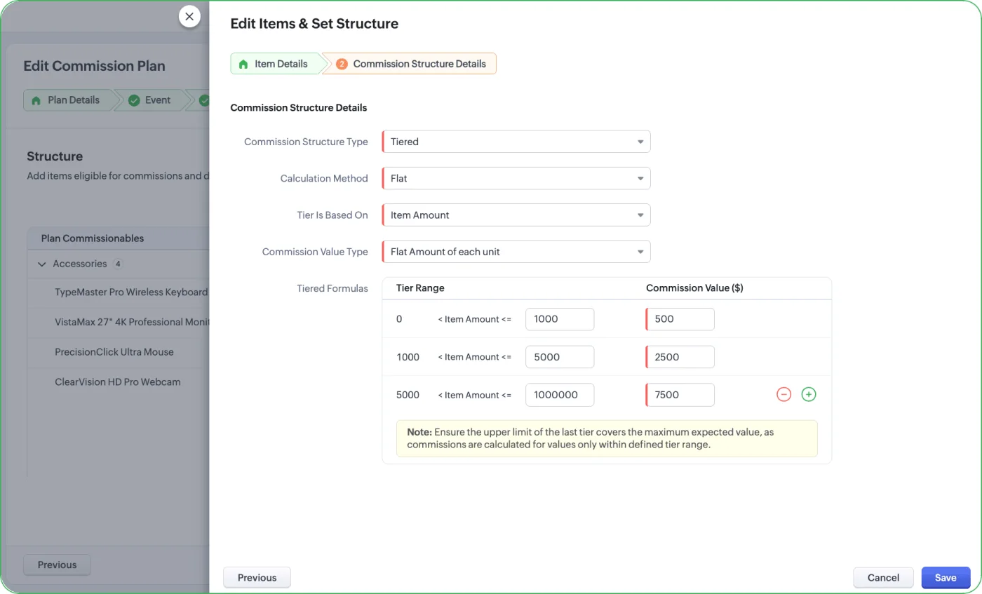 Step 4 Commission Structure screen showing tiered commission formulas