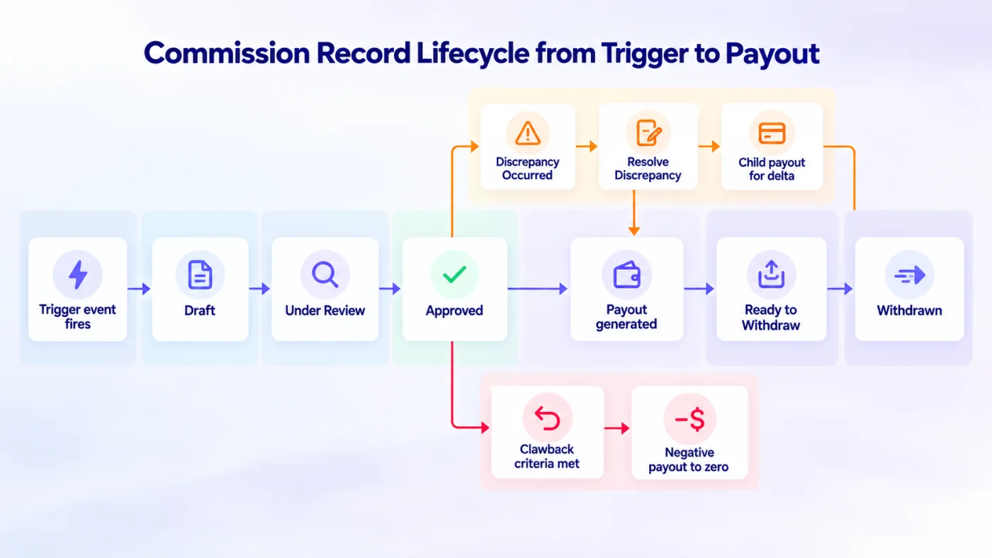 Commission record states from trigger through approval, payout and clawback