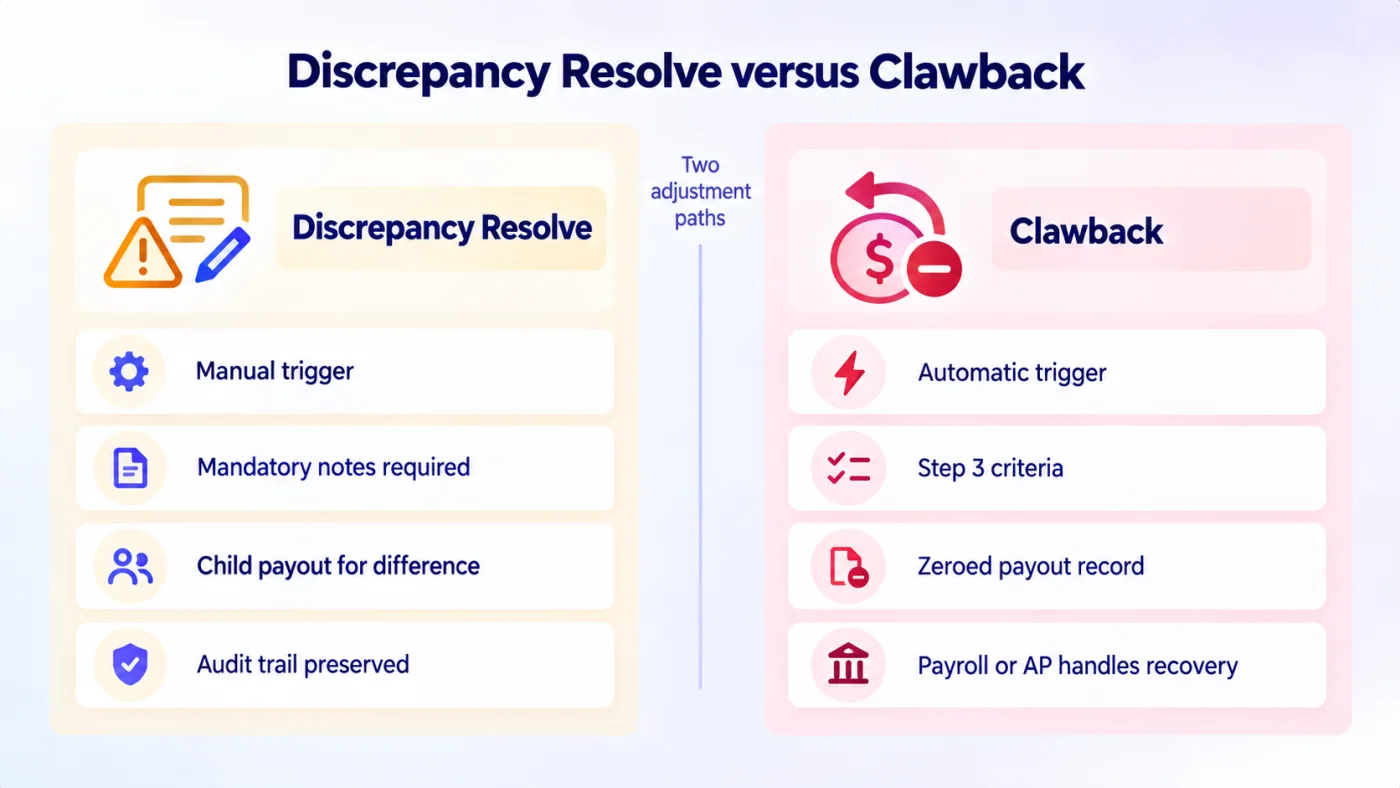 Discrepancy Resolve as a manual path and clawback as an automatic one
