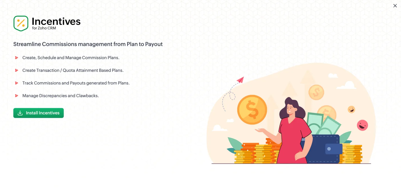 The Install button for the Incentives app in the Zoho CRM App Space
