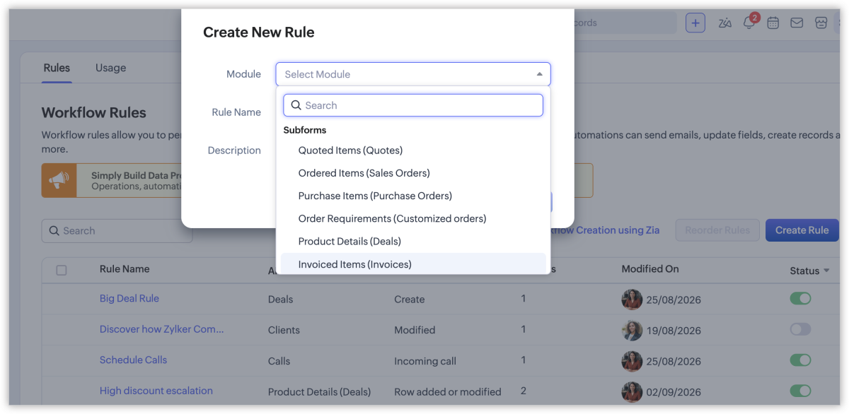 Zoho CRM Create New Rule dialog with the Module dropdown showing subform options including Quoted Items, Ordered Items, Purchase Items, Order Requirements, Product Details, and Invoiced Items.