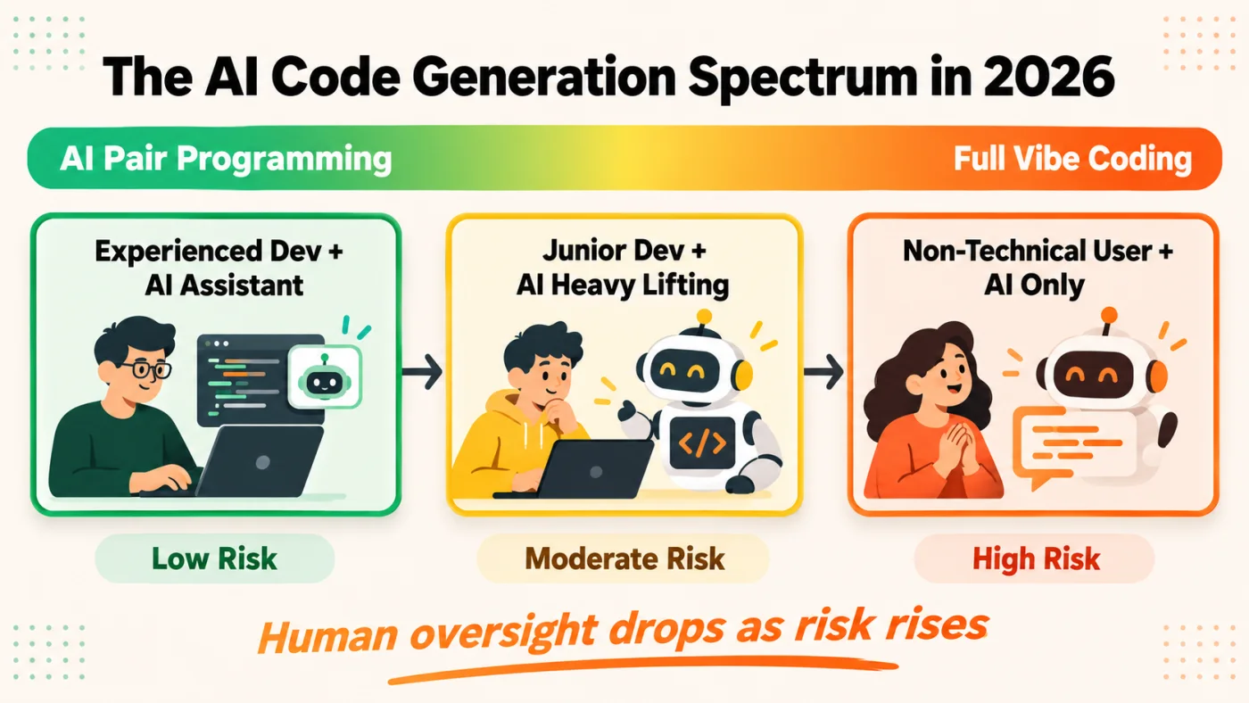 AI code generation spectrum from pair programming to full vibe coding with risk levels