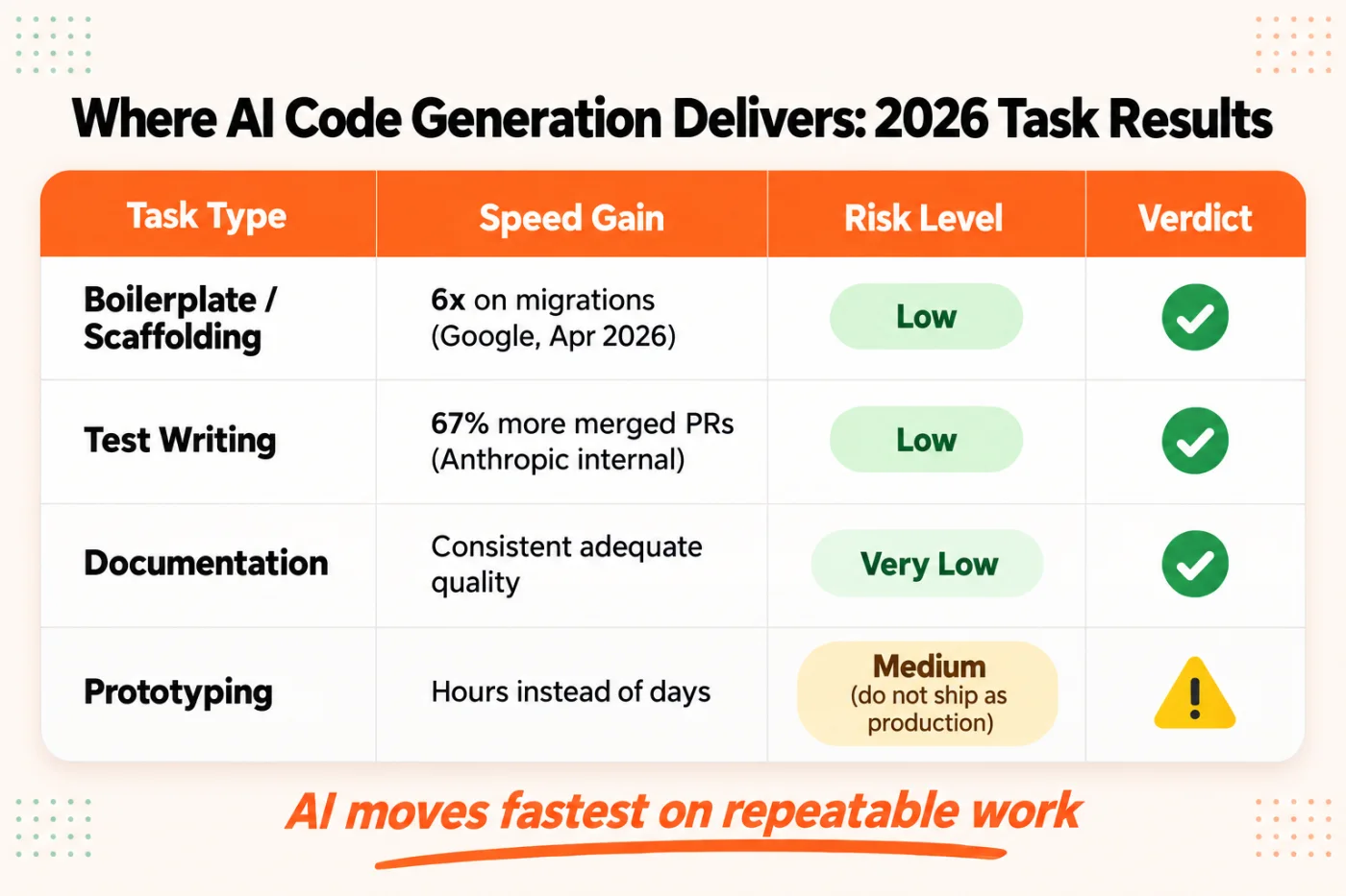 AI code generation task speed gains and risk levels by task type in 2026