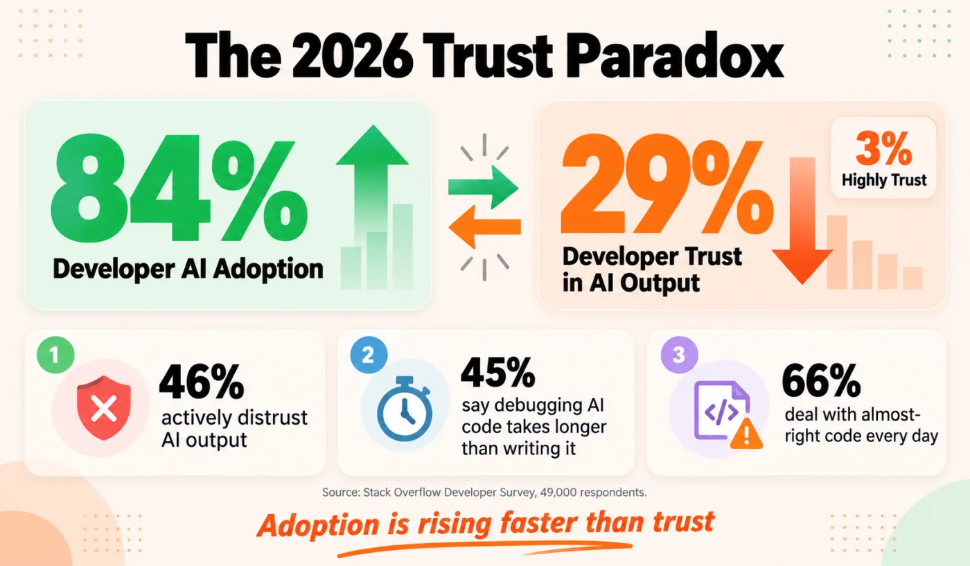 AI code generation trust paradox 84 percent adoption versus 29 percent trust