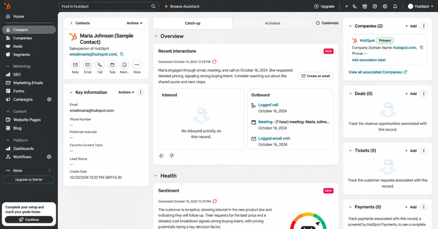 HubSpot CRM contact overview showing recent interactions, activities, companies, deals, tickets, and payments