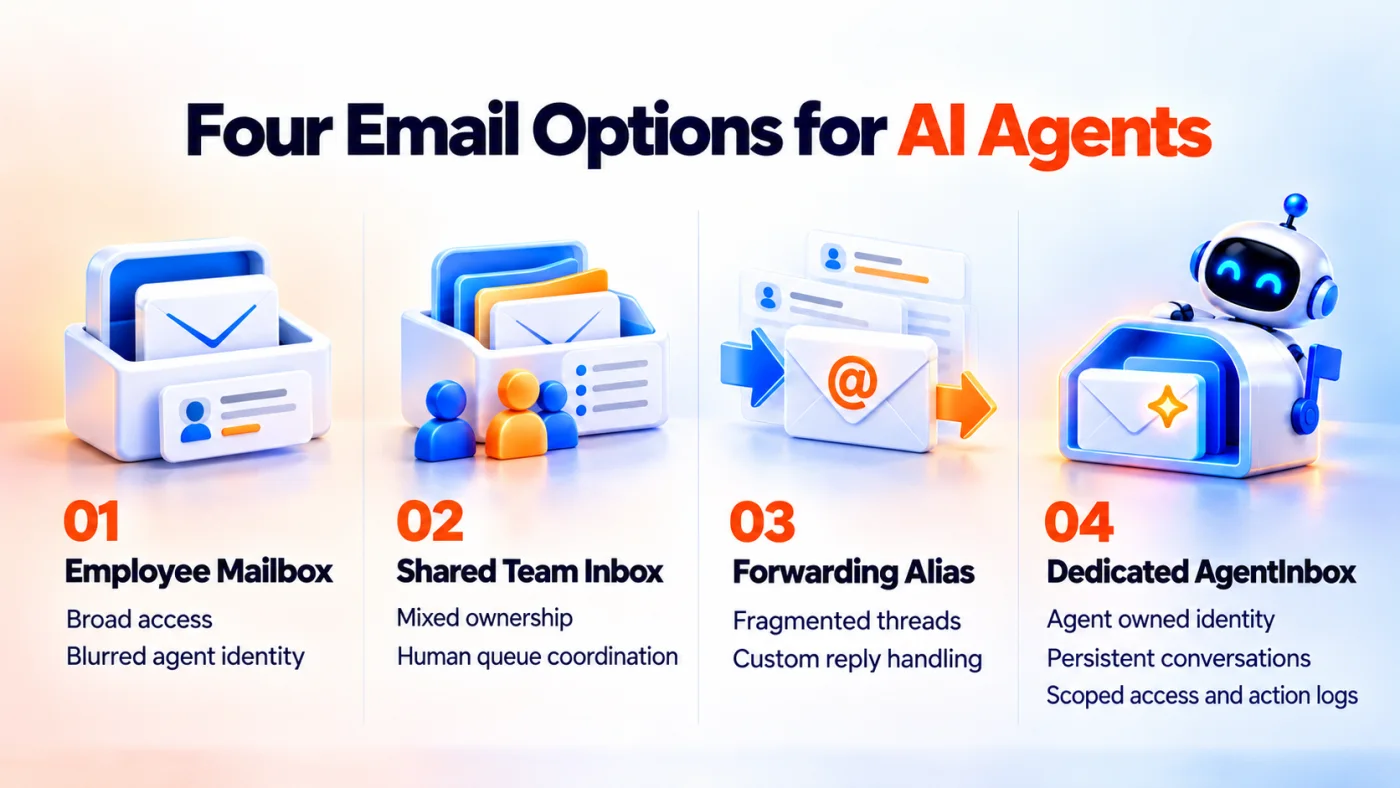 Four email options compare an employee mailbox, shared team inbox, forwarding alias and dedicated AgentInbox mailbox across identity, context, credentials and auditability.