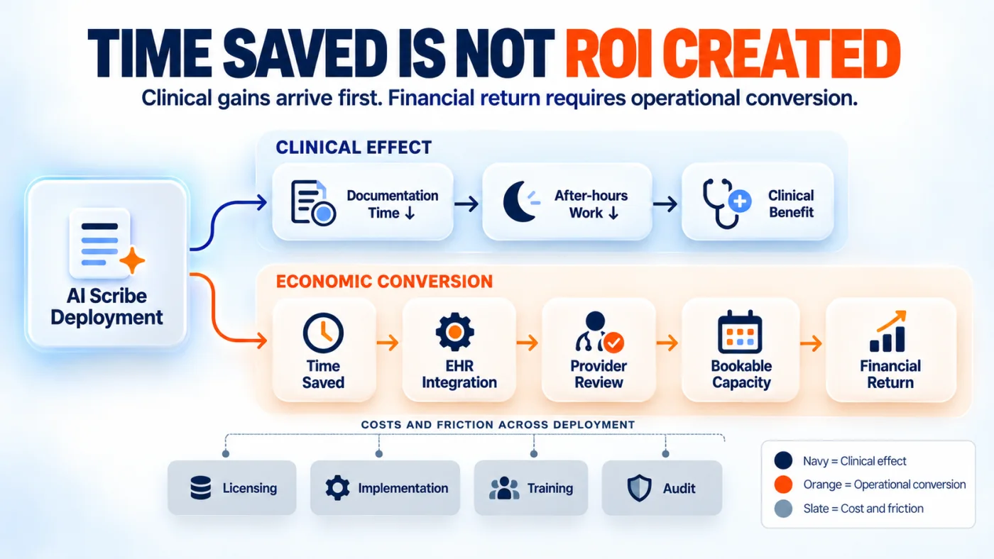 Flowchart showing AI medical scribe time savings diverging from financial return through EHR integration, review speed, and bookable capacity.