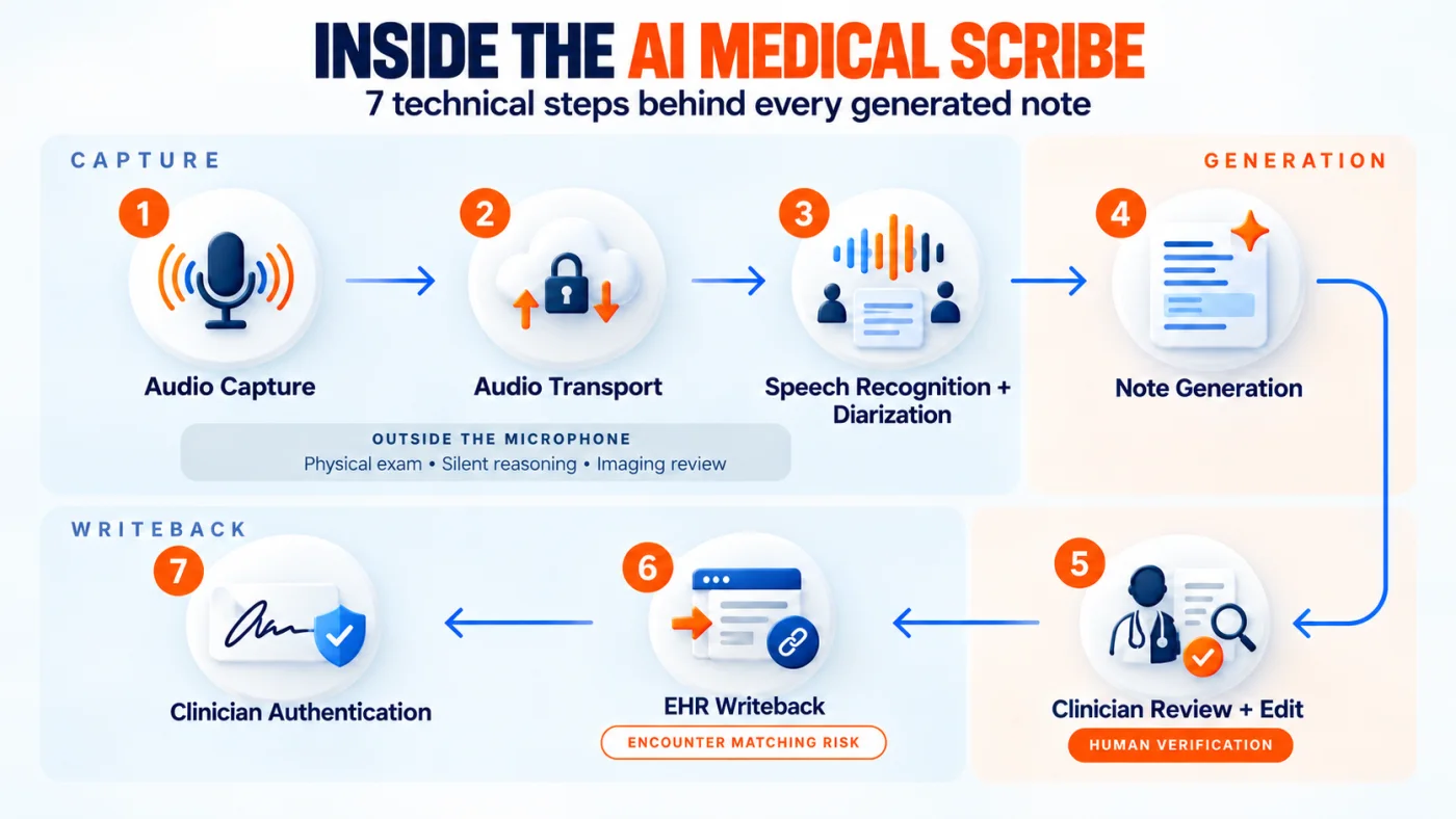 The 7 step AI medical scribe workflow from exam room audio capture through speech recognition, note generation, review, and EHR writeback.