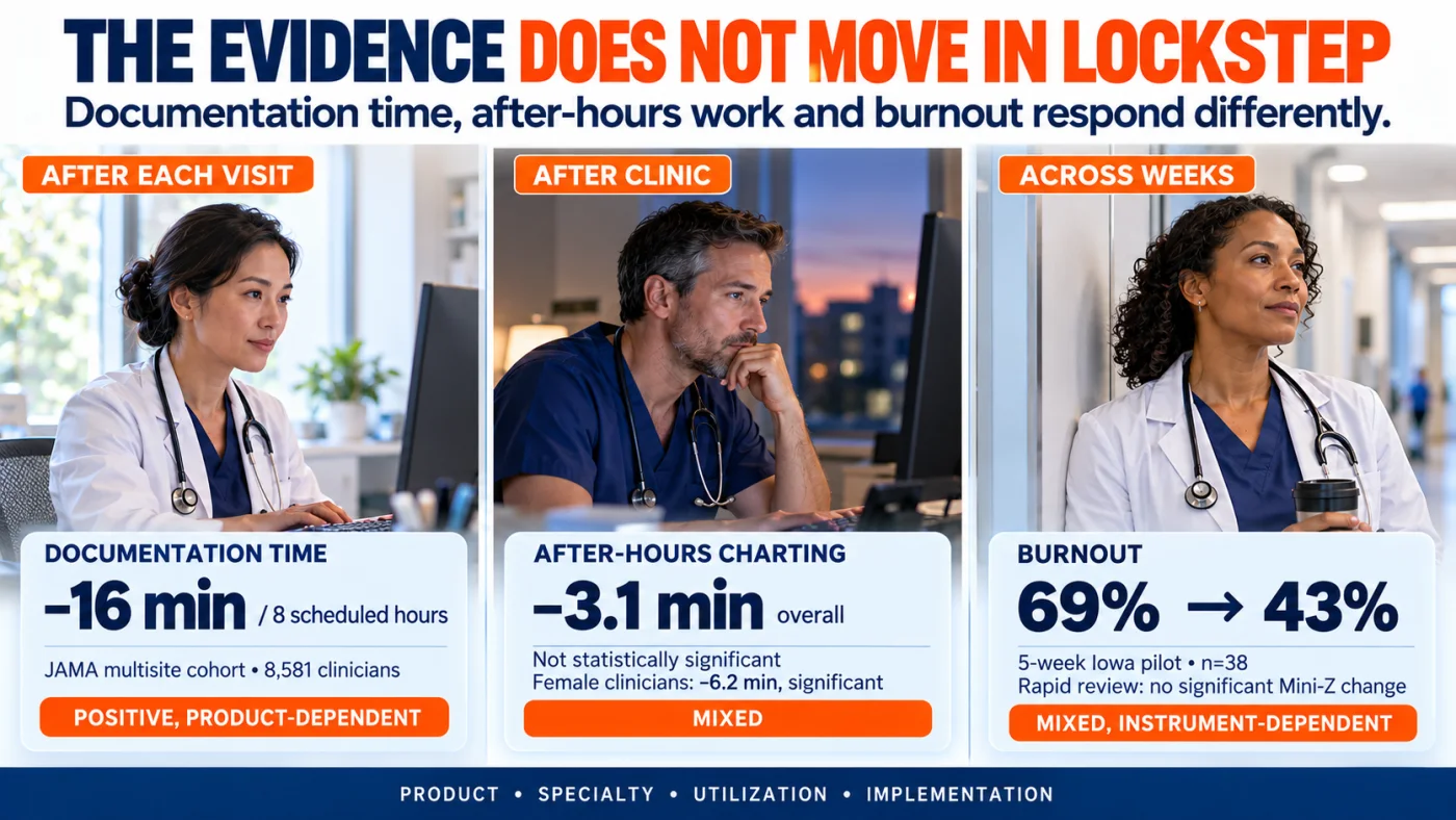 Independent evidence on AI medical scribe documentation time, after hours charting, and clinician burnout from 2024 to 2026.