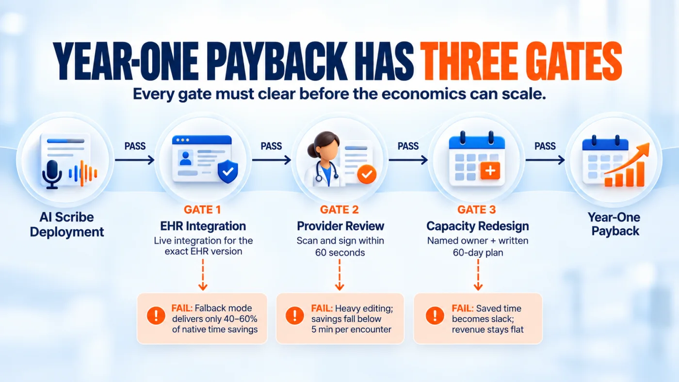 The 3 AI medical scribe readiness gates for year one payback, covering EHR integration, clinician review, and capacity ownership.