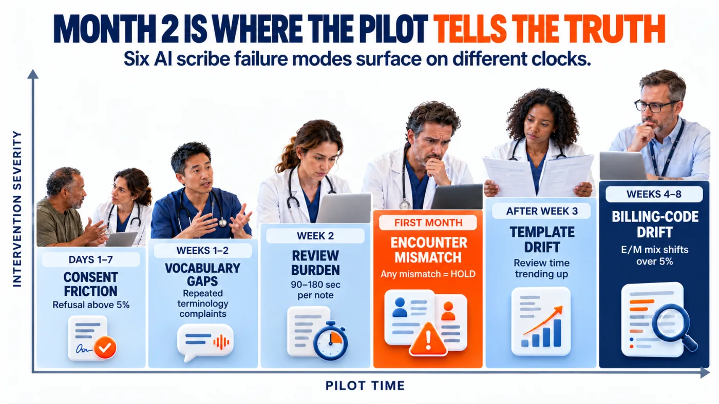 Timeline pairing 6 AI scribe pilot failure modes with the diagnostic cue that surfaces each one across a 60 day pilot.