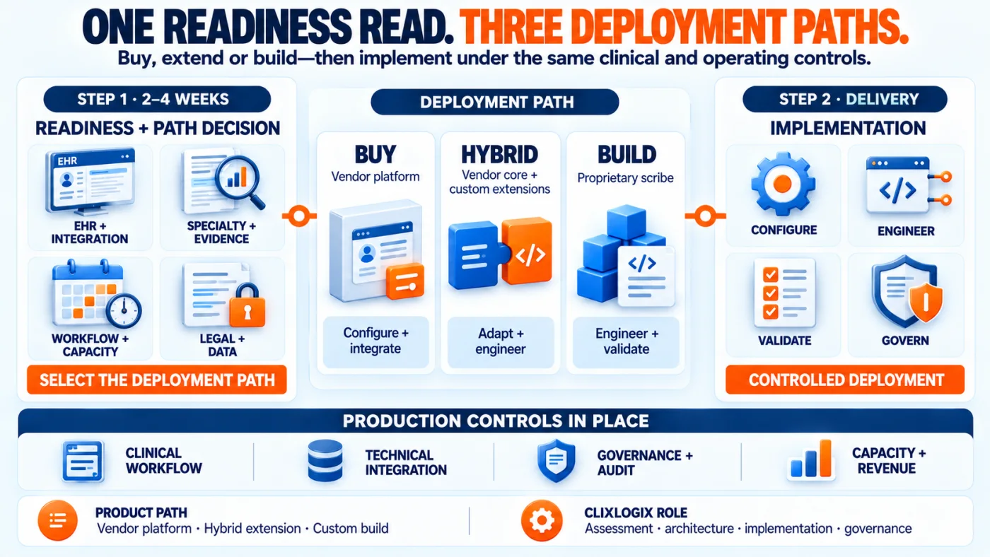 The 2 step Clixlogix AI medical scribe engagement model running a readiness read before implementation and production controls.