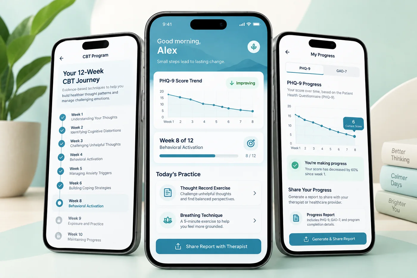 iPhone mockup of the CBT therapy app showing PHQ-9 progress tracking and structured session interface