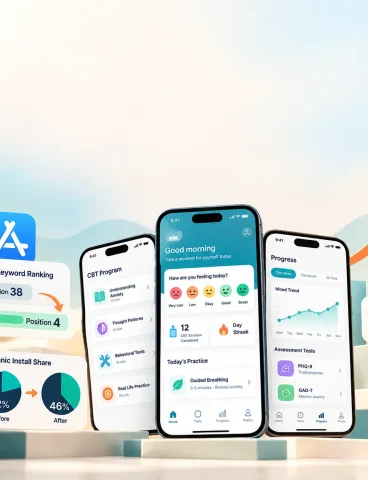 Mental health app ASO case study showing CBT app screens, App Store ranking growth from 38 to 4, and 46% organic install share