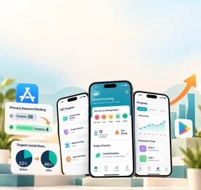 Mental health app ASO case study showing CBT app screens, App Store ranking growth from 38 to 4, and 46% organic install share