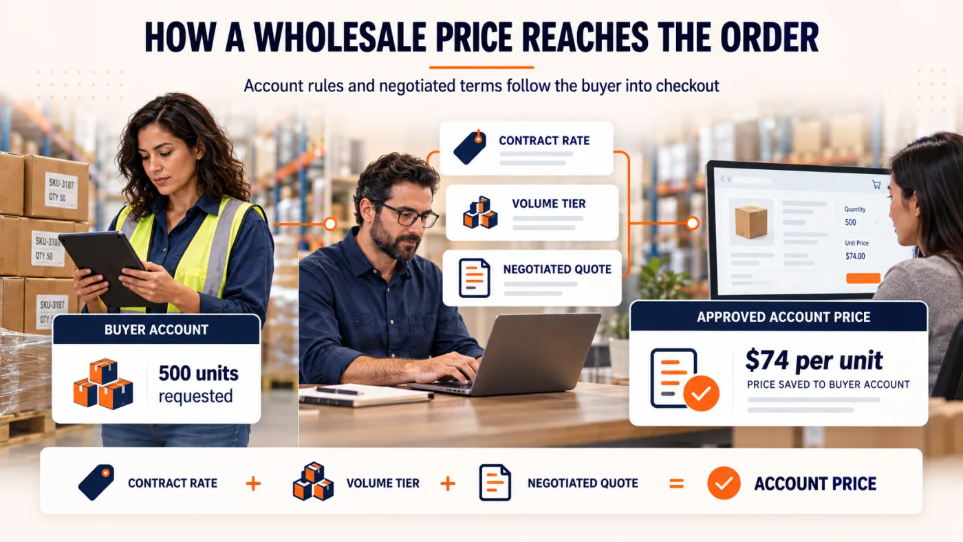 Diagram showing how a wholesale buyer is mapped to the right price through contract rates, volume tiers and a negotiated quote before the order is placed.