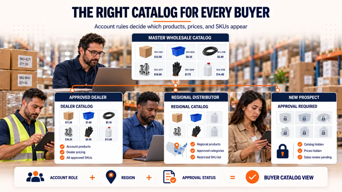 Diagram showing a full product catalog filtered through platform visibility rules into three different buyer views for dealer, direct retail, and prospect buyers.
